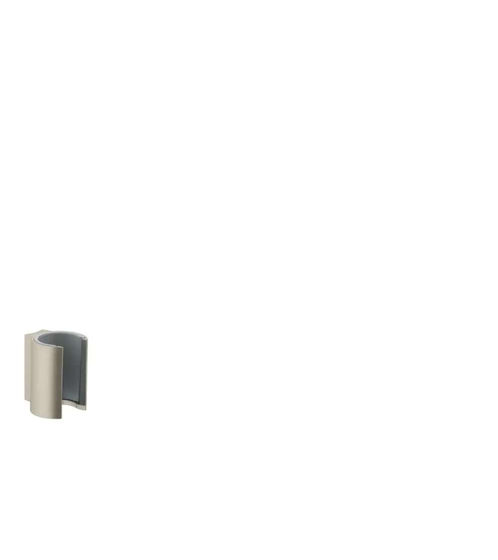 Brausehalter in gebürstetem Nickel, designed von AXOR. Das Produkt hat eine geschwungene Form und ist an einer weißen Wand platziert.